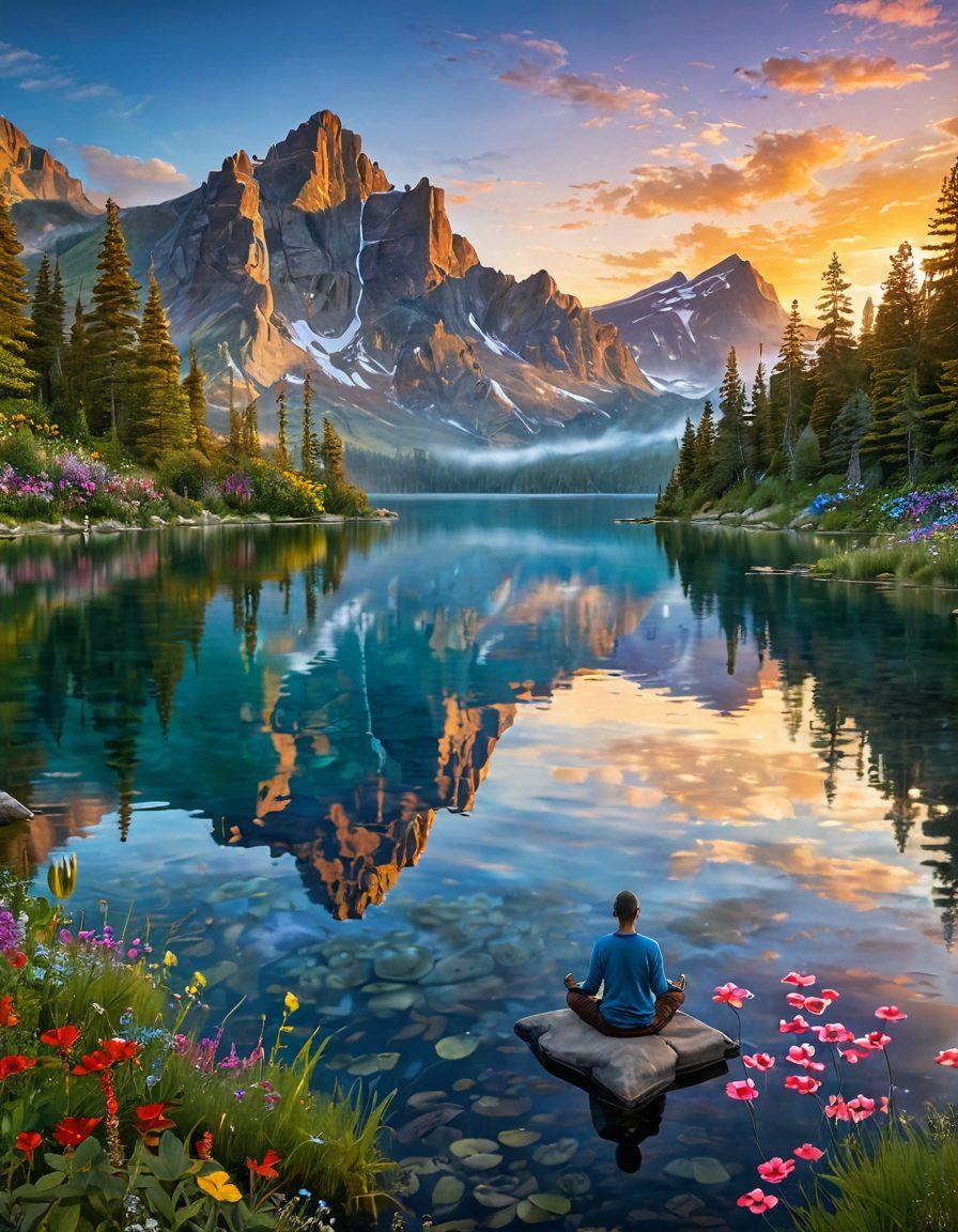 A serene landscape featuring a tranquil sunrise over a peaceful mountain lake, with vibrant wildflowers in the foreground. Include a person meditating on the shore, symbolizing inner peace and joy. Floating ethereal symbols of happiness and success in the air, like hearts and keys. The overall atmosphere radiates bliss and tranquility. super-realistic. vibrant colors. tranquil setting.