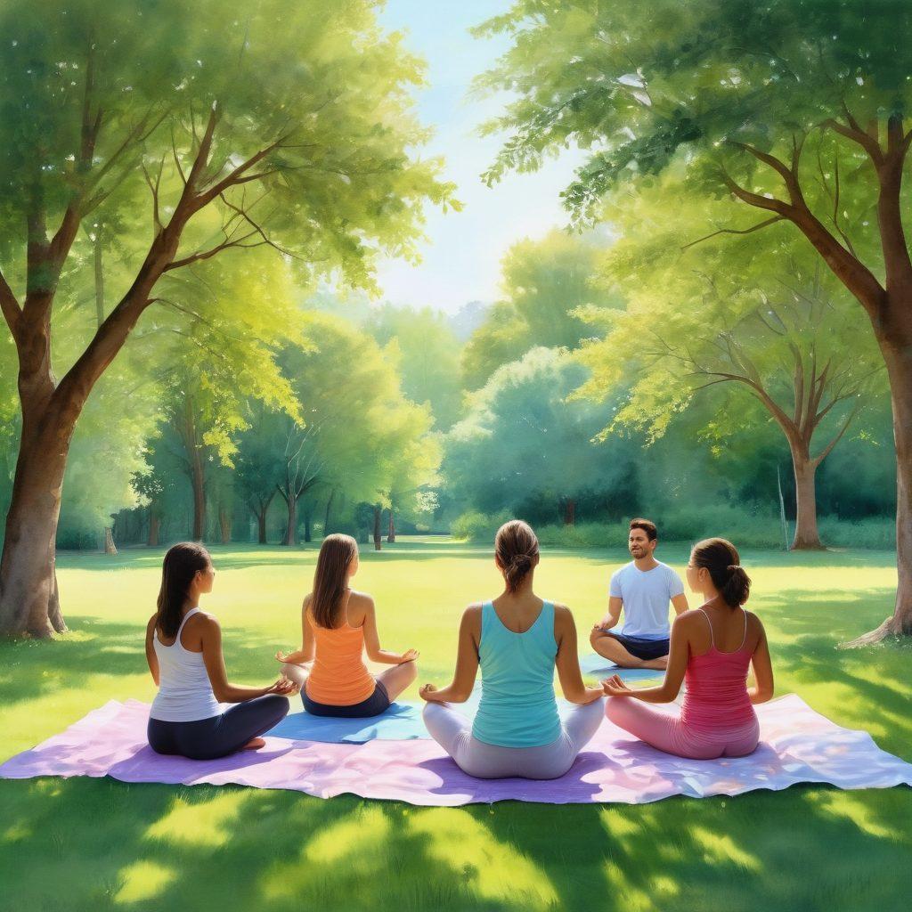 An inviting scene of a diverse group of people enjoying a sunny day in a lush green park, engaging in various activities like yoga, picnics, and conversations, all radiating joy and support. Incorporate elements of nature like blossoming flowers and vibrant trees to symbolize growth and community bonds. The atmosphere should feel warm and welcoming, promoting a sense of togetherness. Enjoyable soft pastel colors reflecting a blissful lifestyle. watercolor painting. vibrant colors.