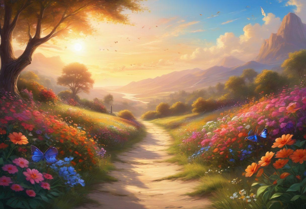 A serene landscape featuring a key unlocking a glowing heart, surrounded by vibrant flowers and butterflies symbolizing joy and happiness. In the background, a peaceful path guides the viewer towards a bright horizon. Soft sunlight bathes the scene, enhancing the feeling of warmth and positivity. digital painting. vibrant colors. whimsical style.